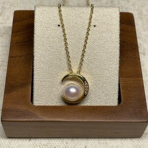 Gold Tone Crescent Moon Freshwater Pearl Necklace